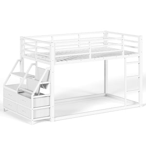 English Elm Twin Over Steel Bunk Bed with Led Lighting Built-in Storage Shelves and Drawers for Teens Antique White W5305S00107