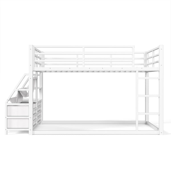 English Elm Twin Over Steel Bunk Bed with Led Lighting Built-in Storage Shelves and Drawers for Teens Antique White W5305S00107