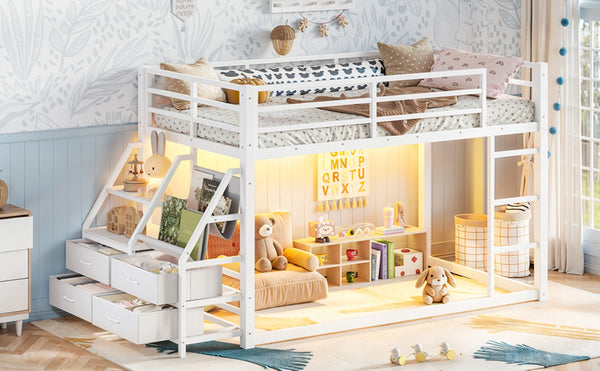 English Elm Twin Over Steel Bunk Bed with Led Lighting Built-in Storage Shelves and Drawers for Teens Antique White W5305S00107