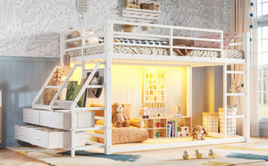 English Elm Twin Over Steel Bunk Bed with Led Lighting Built-in Storage Shelves and Drawers for Teens Antique White W5305S00107