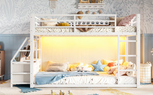 English Elm Twin Over Steel Bunk Bed with Led Lighting Built-in Storage Shelves and Drawers for Teens Antique White W5305S00107