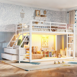 English Elm Twin Over Steel Bunk Bed with Led Lighting Built-in Storage Shelves and Drawers for Teens Antique White W5305S00107