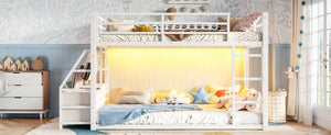 English Elm Twin Over Steel Bunk Bed with Led Lighting Built-in Storage Shelves and Drawers for Teens Antique White W5305S00107