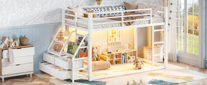 English Elm Twin Over Steel Bunk Bed with Led Lighting Built-in Storage Shelves and Drawers for Teens Antique White W5305S00107