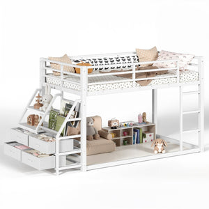 English Elm Twin Over Steel Bunk Bed with Led Lighting Built-in Storage Shelves and Drawers for Teens Antique White W5305S00107