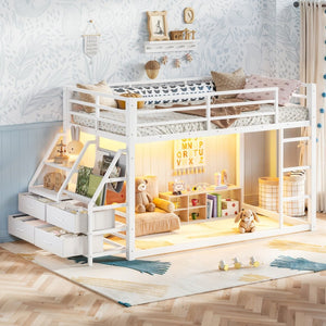 English Elm Twin Over Steel Bunk Bed with Led Lighting Built-in Storage Shelves and Drawers for Teens Antique White W5305S00107