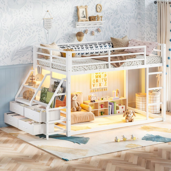 English Elm Twin Over Steel Bunk Bed with Led Lighting Built-in Storage Shelves and Drawers for Teens Antique White W5305S00107