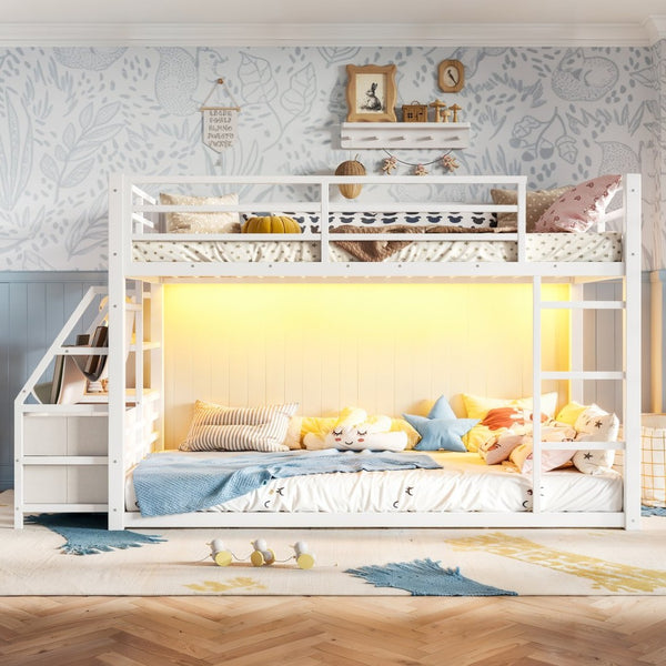 English Elm Twin Over Steel Bunk Bed with Led Lighting Built-in Storage Shelves and Drawers for Teens Antique White W5305S00107