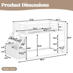 English Elm Twin Over Steel Bunk Bed with Led Lighting Built-in Storage Shelves and Drawers for Teens Antique White W5305S00107