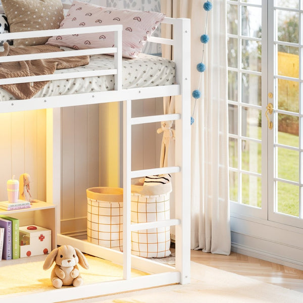English Elm Twin Over Steel Bunk Bed with Led Lighting Built-in Storage Shelves and Drawers for Teens Antique White W5305S00107