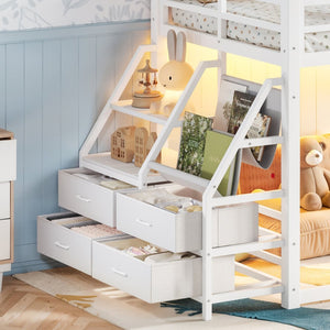 English Elm Twin Over Steel Bunk Bed with Led Lighting Built-in Storage Shelves and Drawers for Teens Antique White W5305S00107
