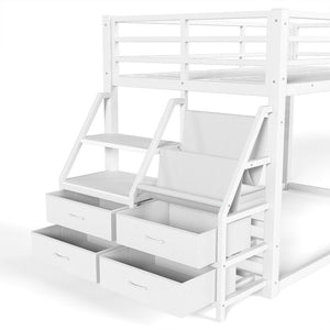 English Elm Twin Over Steel Bunk Bed with Led Lighting Built-in Storage Shelves and Drawers for Teens Antique White W5305S00107