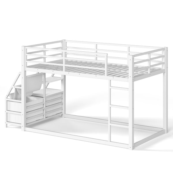 English Elm Twin Over Steel Bunk Bed with Led Lighting Built-in Storage Shelves and Drawers for Teens Antique White W5305S00107