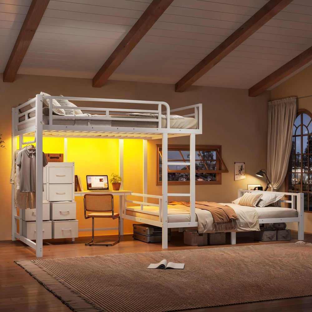 English Elm Full Over Bunk Bed with 8 Drawers Study Desk Shelves and Usb Steel Frame Kids W5305S00108