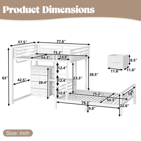 English Elm Full Over Bunk Bed with 8 Drawers Study Desk Shelves and Usb Steel Frame Kids W5305S00108