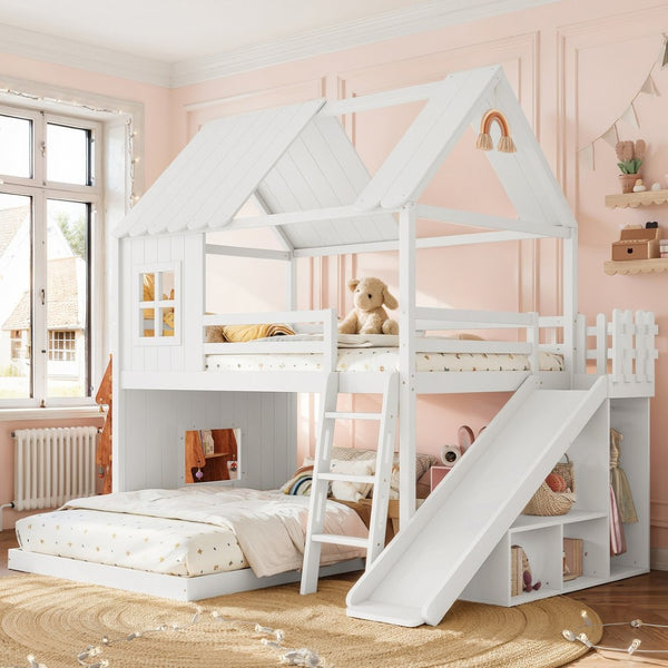 English Elm Full Over Bunk Bed Playhouse Design with Slide Wardrobe and Shelves for Kids W5305S00119