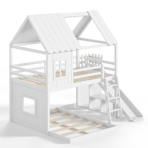 English Elm Full Over Bunk Bed Playhouse Design with Slide Wardrobe and Shelves for Kids W5305S00119