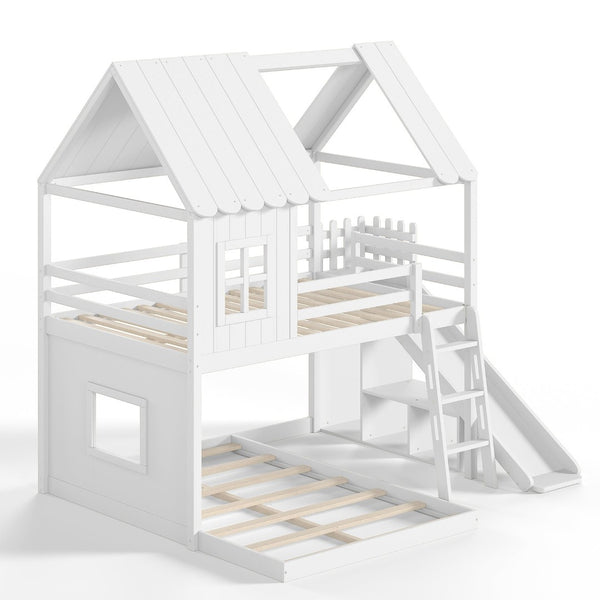 English Elm Full Over Bunk Bed Playhouse Design with Slide Wardrobe and Shelves for Kids W5305S00119