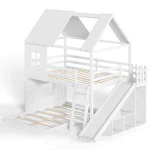 English Elm Full Over Bunk Bed Playhouse Design with Slide Wardrobe and Shelves for Kids W5305S00119