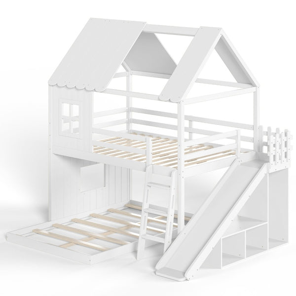 English Elm Full Over Bunk Bed Playhouse Design with Slide Wardrobe and Shelves for Kids W5305S00119