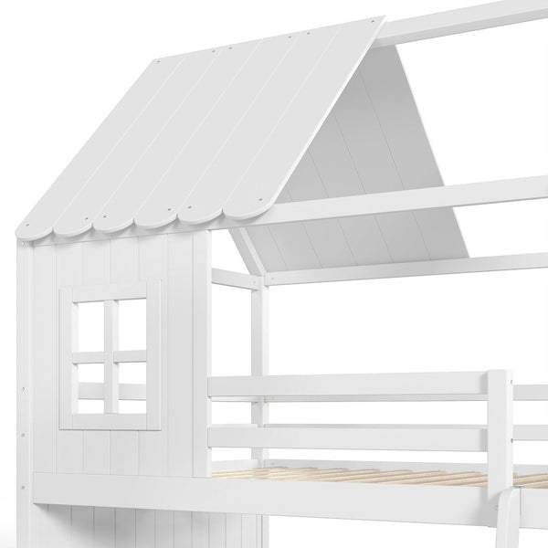 English Elm Full Over Bunk Bed Playhouse Design with Slide Wardrobe and Shelves for Kids W5305S00119