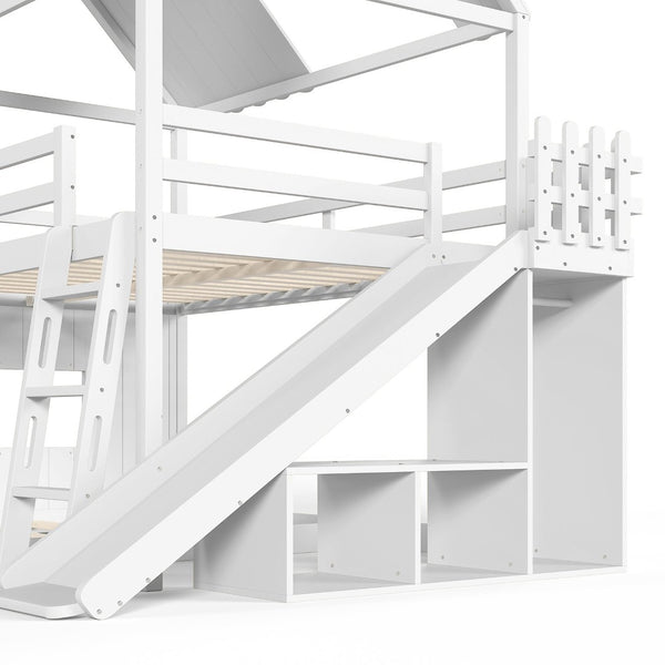 English Elm Full Over Bunk Bed Playhouse Design with Slide Wardrobe and Shelves for Kids W5305S00119