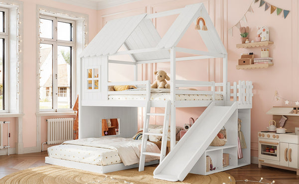 English Elm Full Over Bunk Bed Playhouse Design with Slide Wardrobe and Shelves for Kids W5305S00119