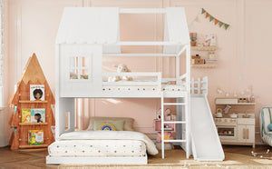 English Elm Full Over Bunk Bed Playhouse Design with Slide Wardrobe and Shelves for Kids W5305S00119