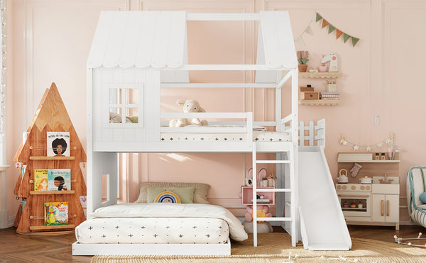 English Elm Full Over Bunk Bed Playhouse Design with Slide Wardrobe and Shelves for Kids W5305S00119