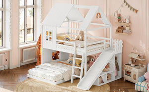 English Elm Full Over Bunk Bed Playhouse Design with Slide Wardrobe and Shelves for Kids W5305S00119