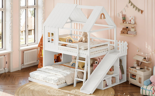English Elm Full Over Bunk Bed Playhouse Design with Slide Wardrobe and Shelves for Kids W5305S00119
