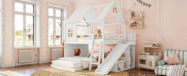English Elm Full Over Bunk Bed Playhouse Design with Slide Wardrobe and Shelves for Kids W5305S00119
