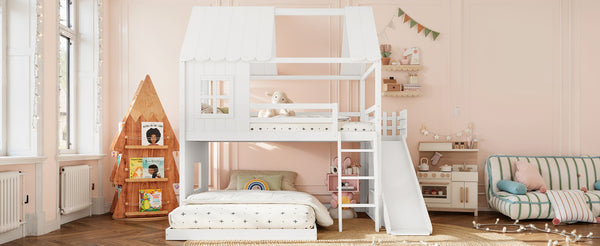 English Elm Full Over Bunk Bed Playhouse Design with Slide Wardrobe and Shelves for Kids W5305S00119