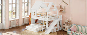 English Elm Full Over Bunk Bed Playhouse Design with Slide Wardrobe and Shelves for Kids W5305S00119