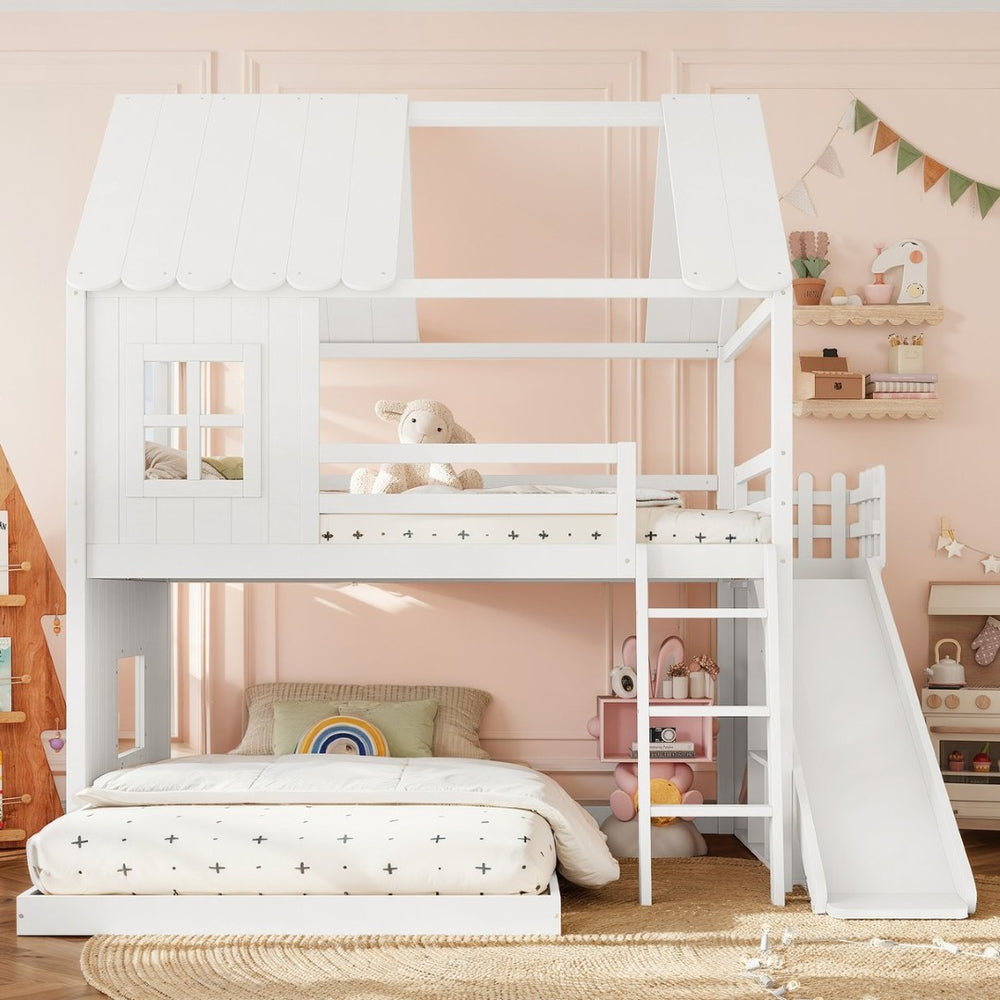 English Elm Full Over Bunk Bed Playhouse Design with Slide Wardrobe and Shelves for Kids W5305S00119