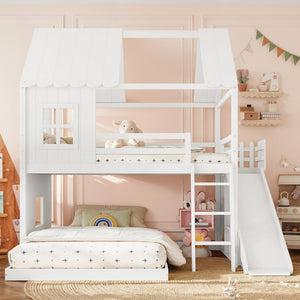 English Elm Full Over Bunk Bed Playhouse Design with Slide Wardrobe and Shelves for Kids W5305S00119