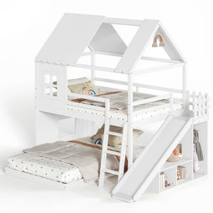 English Elm Full Over Bunk Bed Playhouse Design with Slide Wardrobe and Shelves for Kids W5305S00119