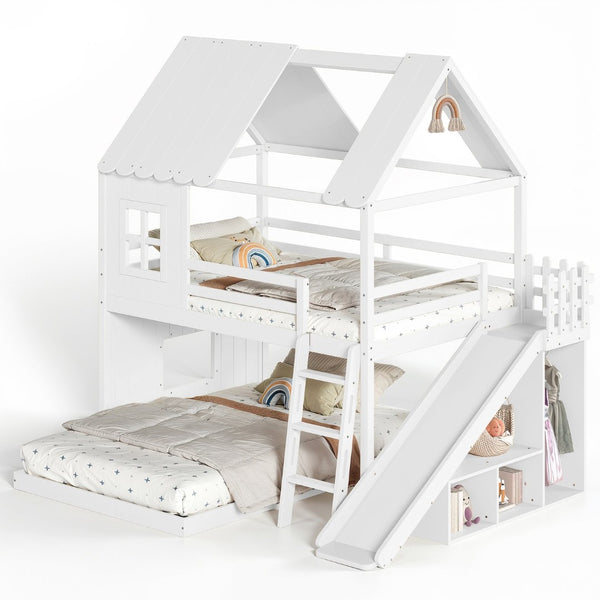English Elm Full Over Bunk Bed Playhouse Design with Slide Wardrobe and Shelves for Kids W5305S00119