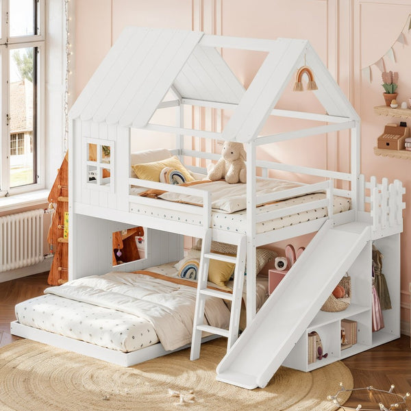 English Elm Full Over Bunk Bed Playhouse Design with Slide Wardrobe and Shelves for Kids W5305S00119