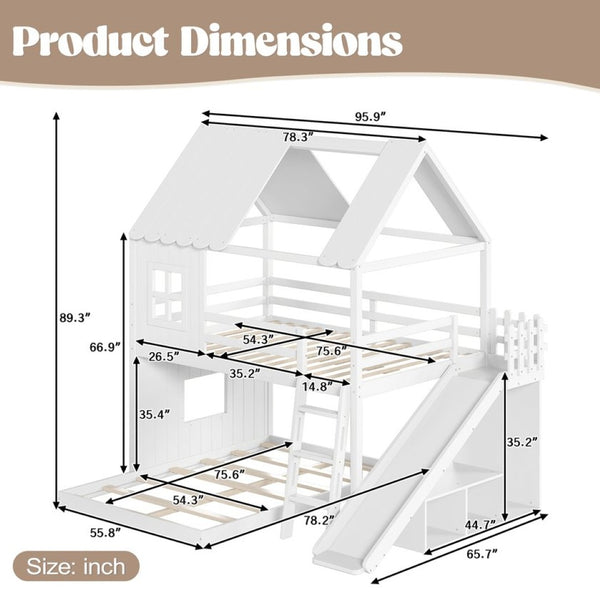 English Elm Full Over Bunk Bed Playhouse Design with Slide Wardrobe and Shelves for Kids W5305S00119