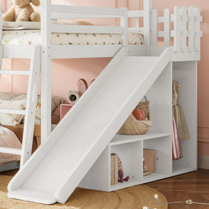 English Elm Full Over Bunk Bed Playhouse Design with Slide Wardrobe and Shelves for Kids W5305S00119