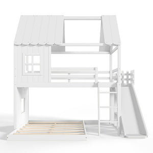 English Elm Full Over Bunk Bed Playhouse Design with Slide Wardrobe and Shelves for Kids W5305S00119