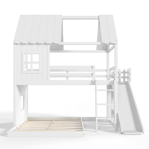 English Elm Full Over Bunk Bed Playhouse Design with Slide Wardrobe and Shelves for Kids W5305S00119