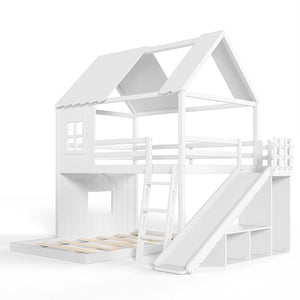 English Elm Full Over Bunk Bed Playhouse Design with Slide Wardrobe and Shelves for Kids W5305S00119