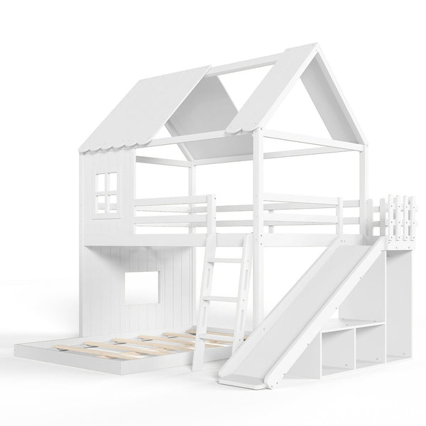 English Elm Full Over Bunk Bed Playhouse Design with Slide Wardrobe and Shelves for Kids W5305S00119