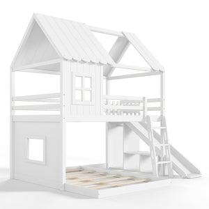 English Elm Full Over Bunk Bed Playhouse Design with Slide Wardrobe and Shelves for Kids W5305S00119