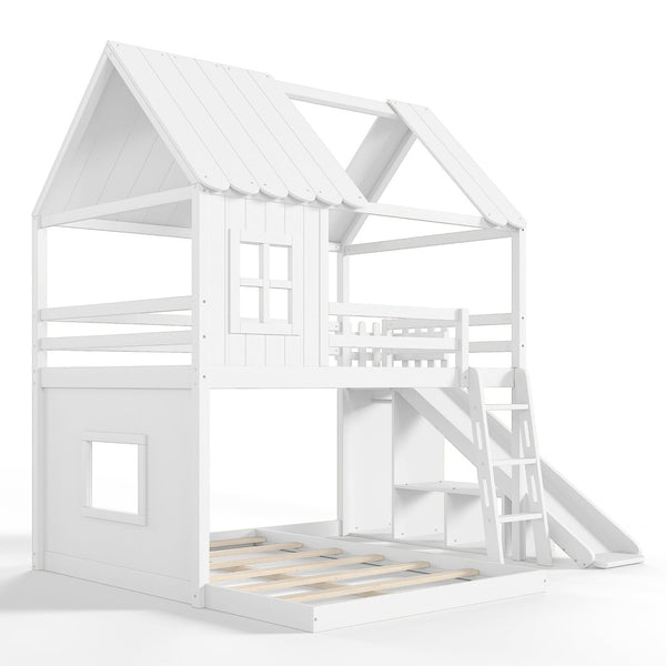 English Elm Full Over Bunk Bed Playhouse Design with Slide Wardrobe and Shelves for Kids W5305S00119