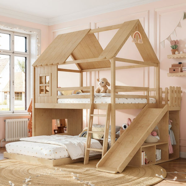 English Elm Full Over Pine Bunk Bed Playhouse with Slide Wardrobe and Built-in Shelving W5305S00120