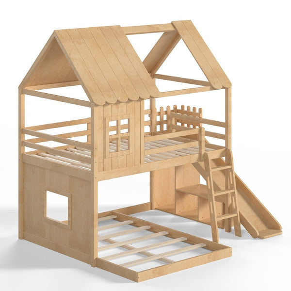 English Elm Full Over Pine Bunk Bed Playhouse with Slide Wardrobe and Built-in Shelving W5305S00120