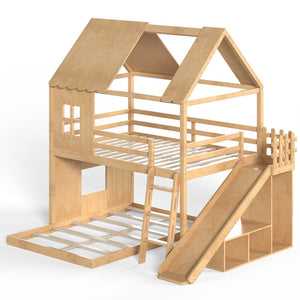 English Elm Full Over Pine Bunk Bed Playhouse with Slide Wardrobe and Built-in Shelving W5305S00120